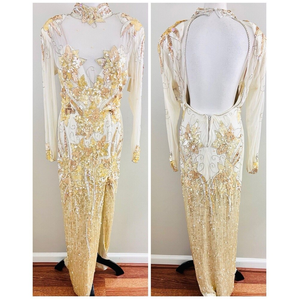 NWT Vintage 70's Casadei $700 Gold Beaded Evening Gown Open Back Size 10